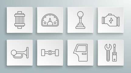 Set line Signal horn on vehicle, Speedometer, Chassis car, Car door, Screwdriver and wrench spanner, Gear shifter, Check engine and air filter icon. Vector
