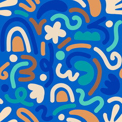 Contemporary art collage with multicolor abstract shapes. Vector seamless pattern with Scandinavian cut out elements.