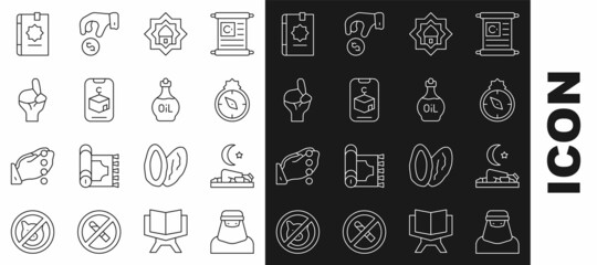 Set line Muslim woman in niqab, prays, Qibla, Mosque, Star and crescent, Hands praying position, Holy book of Koran and Essential oil bottle icon. Vector