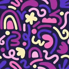 Tapeten Collage zeitgenössischer Kunst mit mehrfarbigen abstrakten Formen. Vektornahtloses Muster mit skandinavischen ausgeschnittenen Elementen. © Oleksandra