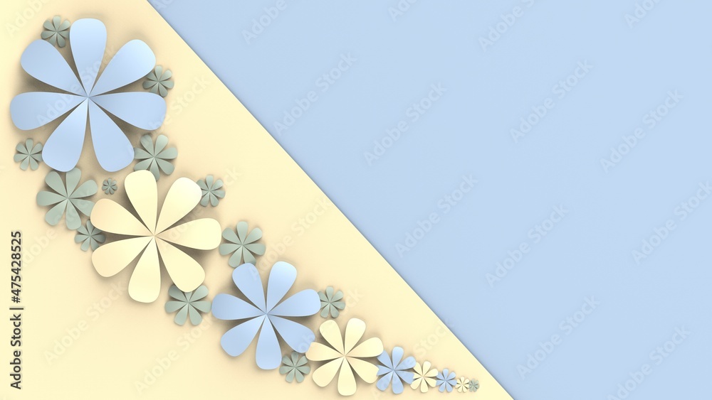 Fototapete light blue-yellow background with blue-yellow paper flowers. concept image of happy invitation and r