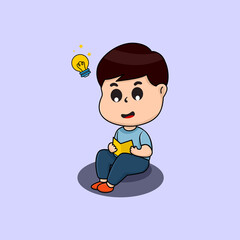 Cute boy sitting looking for ideas, illustration of a child studying to get ideas 