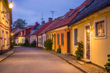 Southern Sweden, Ystad, Old Town street, dusk