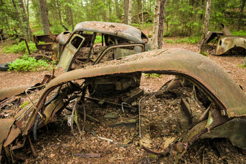 Sweden, Smaland, Ryd, Kyrko Mosse Car Cemetery, former junkyard now pubic park, junked cars