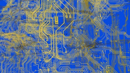 Circuit technology yellow line under blue background with hi-tech digital data connection system and computer electronic desing. 3D illustration. 3D CG. High quality rendering.