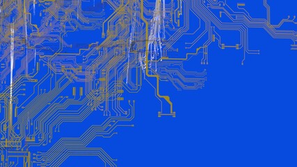 Circuit technology yellow line under blue background with hi-tech digital data connection system and computer electronic desing. 3D illustration. 3D CG. High quality rendering.