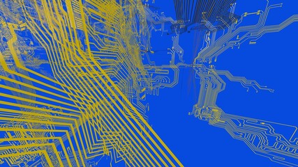 Circuit technology yellow line under blue background with hi-tech digital data connection system and computer electronic desing. 3D illustration. 3D CG. High quality rendering.