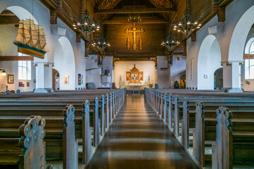 Fototapeta premium Sweden, Vastragotland and Bohuslan, Gothenburg, Masthuggs church, interior with model boat, maritime heritage (Editorial Use Only)