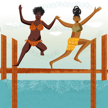 Lesbian couple jumping off pier into the lake 