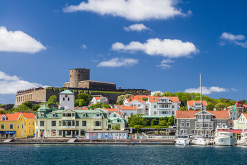 Sweden, Bohuslan, Marstrand, island town view with the 17th century Carlsten fortress