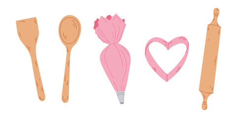 Set of kitchenware for baking. Rolling pastry bag and spoon in the style of the doodle. 