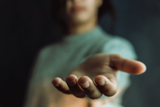 Woman Giving Hands To The Camera, Help And Self Help Concept, Mental Health