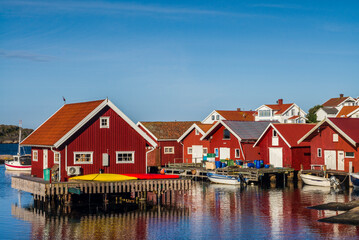 Sweden, Bohuslan, Kungshamn, red fishing shacks in the Fisketangen, old fisherman's neighborhood
