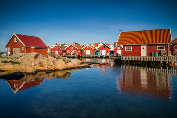 Sweden, Bohuslan, Kungshamn, red fishing shacks in the Fisketangen, old fisherman's neighborhood