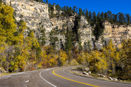 Spearfish Canyon with colorful trees and an empty road under a blue sky in South Dakota