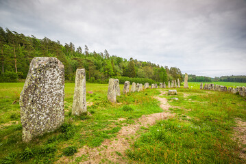 Naklejka premium Sweden, Bohuslan, Blomsholm, Blomsholmsskeppet, stone ship circle, Iron-age burial ground, 400-600 AD