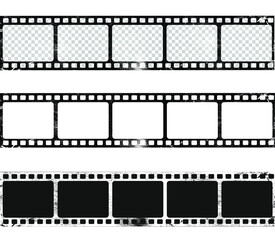 Grunge film strips collection. Old retro cinema movie strip set. Video recording. Vector illustration.