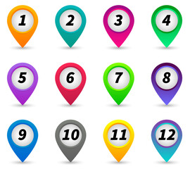 Vector illustration bullet point set. Marker in bright color. Pins with number 1 to 12.