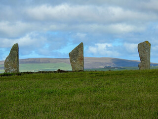Three standing stones on Orkney Island, Scotland