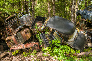 Sweden, Varmland, Bastnas, Bastnas Car Cemetery public park, antique car junkyard
