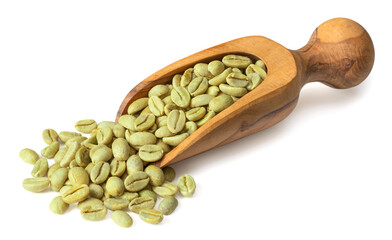 Green coffee beans in the wooden scoop, isolated on white background