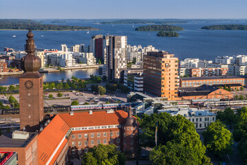Sweden, Vastmanland, Vasteras, elevated city skyline above Karlsgatan street