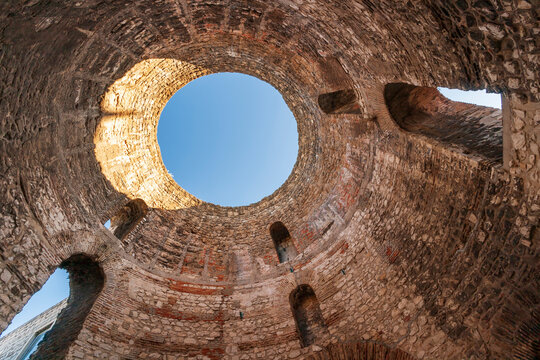 Split, Croatia. Looking upward inside Diocletian's Palace's peristyle.