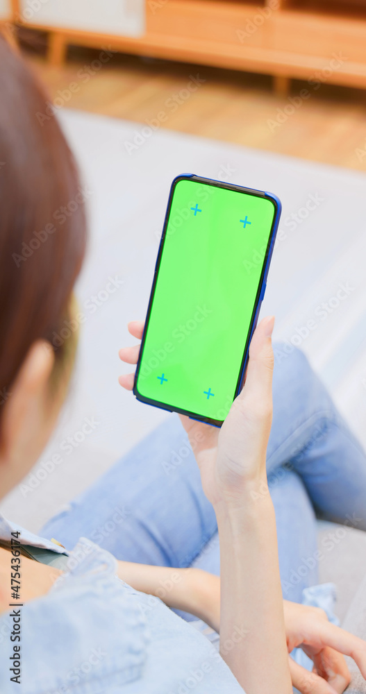 Sticker woman with green screen smartphone