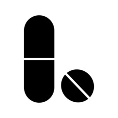 Pills icon. Pharmacology concept. Medicine backdrop. Black silhouette. Health care. Vector illustration. Stock image.