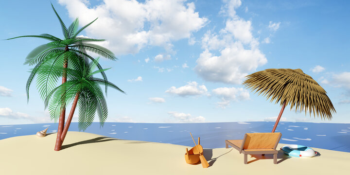 beach chair wooden with umbrella,palm tree,lifebuoy,seaside,shellfish,boat,island isolated on blue sky background.summer travel concept,3d illustration or 3d render