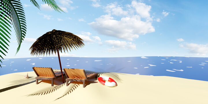 beach chair wooden with umbrella,palm tree,lifebuoy,seaside,shellfish,island isolated on blue sky background.summer travel concept,3d illustration or 3d render