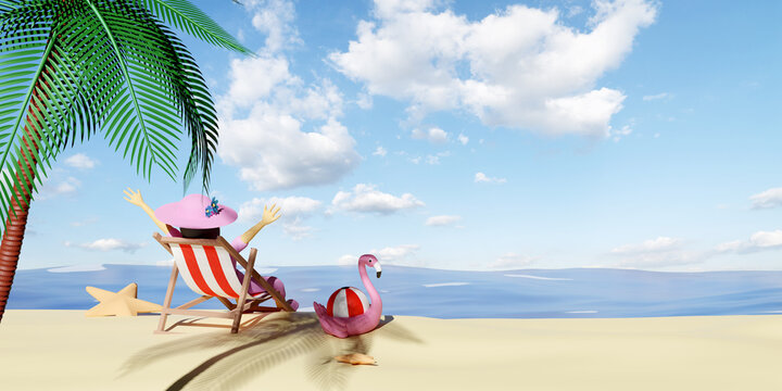 Character cartoon woman on summer beach and sky with beach chair, ball ,Inflatable flamingo,hat,starfish,palm tree,cloud, landscape background or travel concept ,3d illustration or 3d render