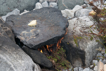 Inuit people cooking fish on stone in traditional way, burning fresh ground bush as fuel, Nuuk, Greenland