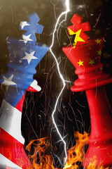 us and china flags paint over on chess king. 3D illustration us vs china crisis.
