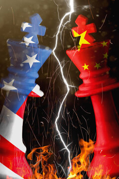 Us And China Flags Paint Over On Chess King. 3D Illustration Us Vs China Crisis.