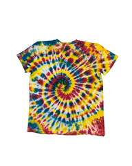 Tie dye style summer T-shirt isolated on a white background. Flat lay.