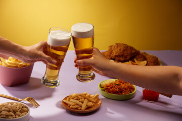 Front view drinking beer with fried potatoes spicy chicken floss and fried chicken , mug of beer...