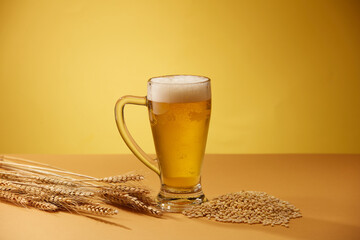 A glass of beer and wheat in yellow background ,  mug of beer for food and drinking advertising...