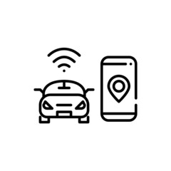 Smart self-driving car icon. Smartphone with map pointer and car with wireless connection and control. Pixel perfect, editable stroke icon