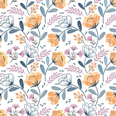 Blooming flowers design in vintage color seamless pattern.