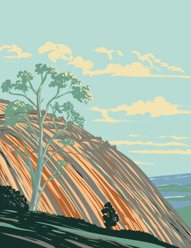 WPA poster art of Bald Rock National Park north of Tenterfield on the Queensland border in northern New South Wales, Australia done in works project administration or federal art project style.
