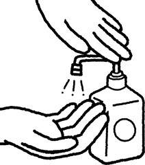 disinfect one's hands with an alcohol spray. Drawing.