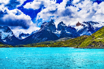 Large Pehoe Lake Lago Paine Horns Three Granite Peaks, Torres del Paine National Park, Patagonia, Chile
