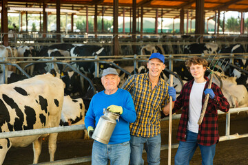 Portrait of positive experienced elderly cow breeder with adult son and teenage grandson posing in...