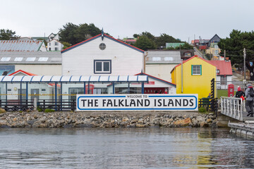 Welcome sign on the beach, Port Stanley, Falkland Islands