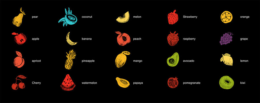 Fruits and berries abstract illustration. Flat vector. Vegetable icons, drawn style.