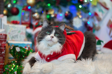 Domestic medium hair cat in Reindeer Christmas Costume Outfit lying and relaxing on Fur Wool Carpet. Blurred of Christmas tree and light on background.