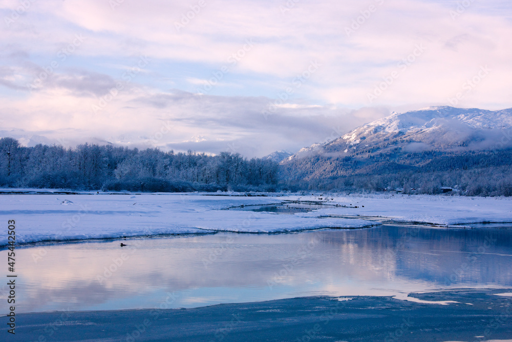 Sticker landscape of river and mountain covered with snow, haines, alaska, usa