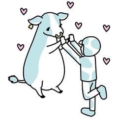 牛と人間が手を取り楽しそうに踊っているアイソメイラスト