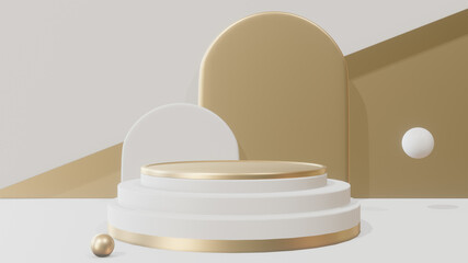 3d rendering studio with geometric shapes, podium on the floor. Platforms for product presentation, mock up background. Abstract composition in minimal design.